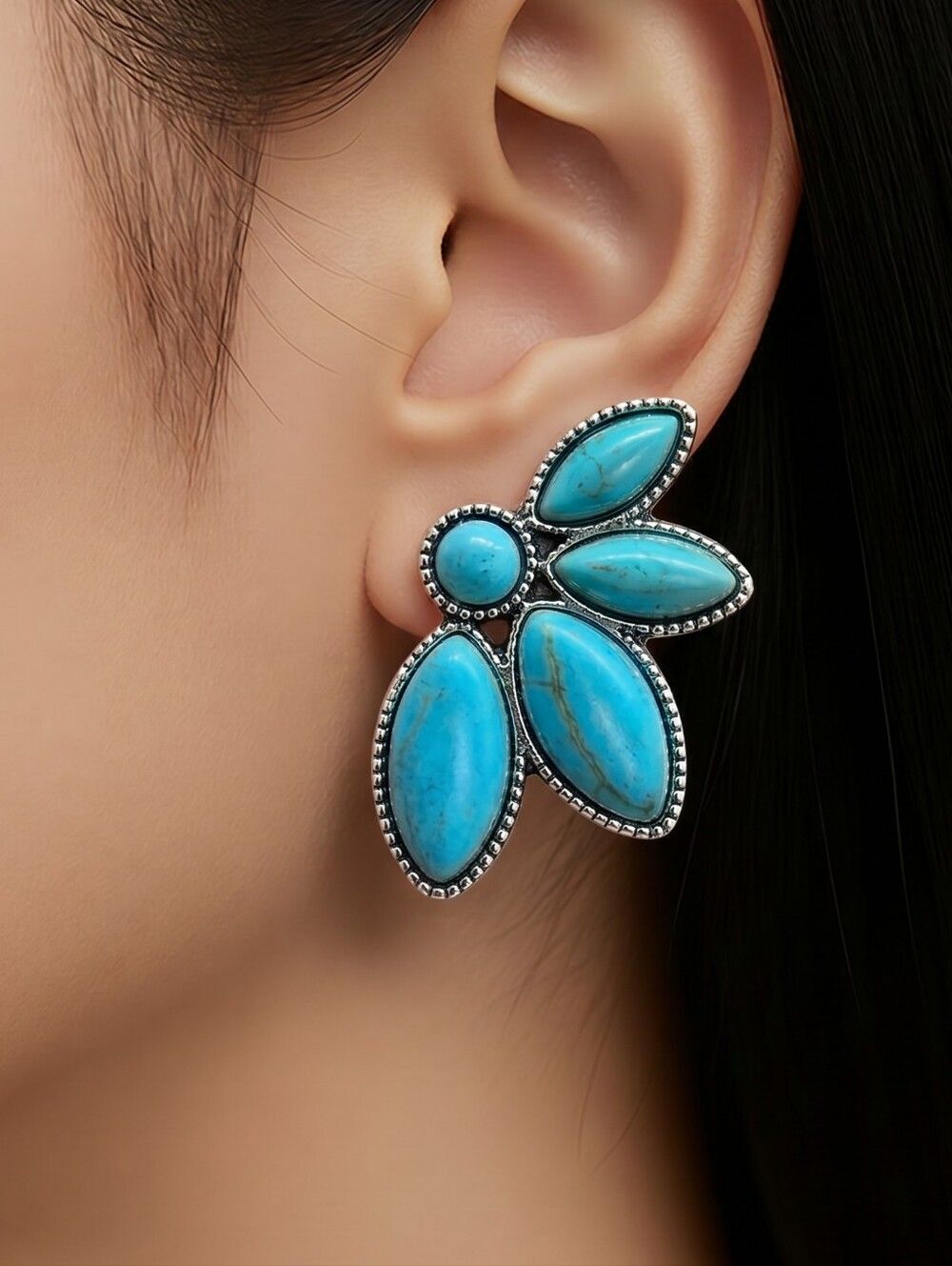Turquoise Cluster Earrings Boho-Chic Tribal Western Pierced Women's Jewelry NEW